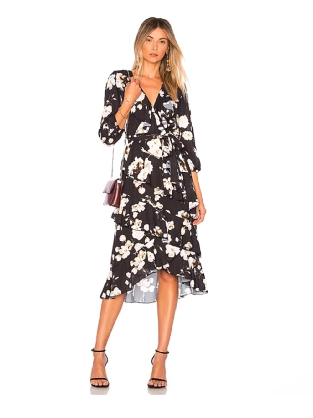 Alice + Olivia Kye Ruffle Floral Print Crepe Midi Dress